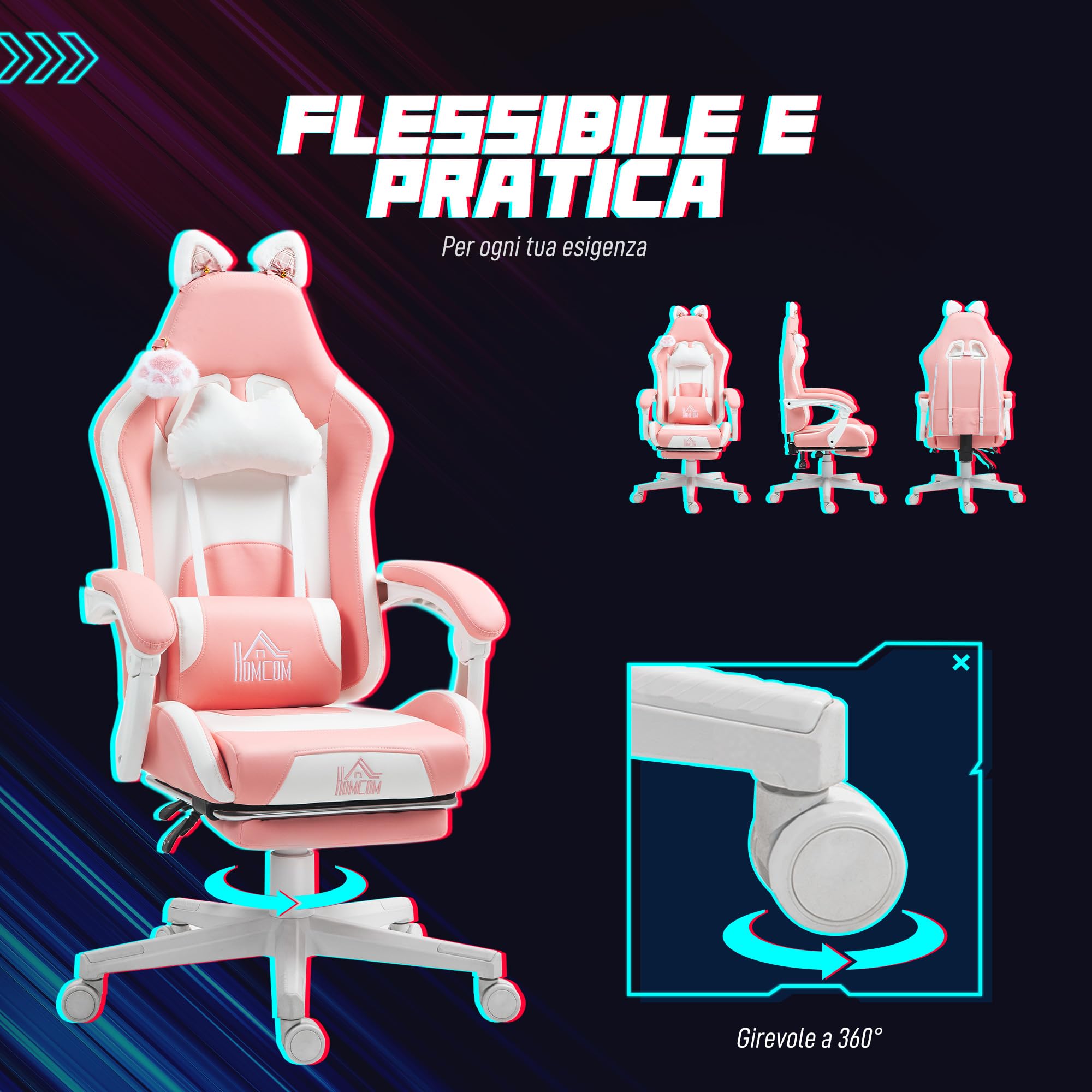 HOMCOM Sedia Gaming Ergonomica con Orecchie da Gatto, Poltrona Gaming Ufficio Reclinabile in Finta Pelle con Poggiapiedi, Poggiatesta e Altezza Regolabile, Supporto Lombare e Cervicale, Rosa