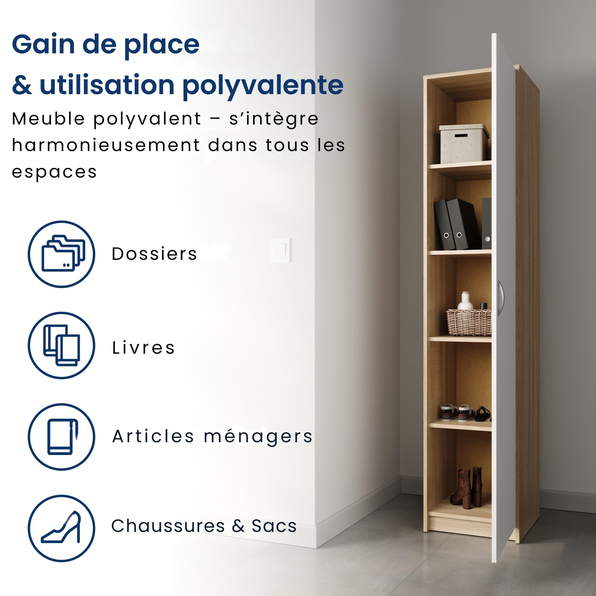 Home Collective Armoire de Rangement 5 Niveaux Finition Aspect Bois - Meuble classeur avec Porte, poignées polymère, 39 cm Largeur, Style Sonoma Blanc - Chambre, Couloir, Bureau