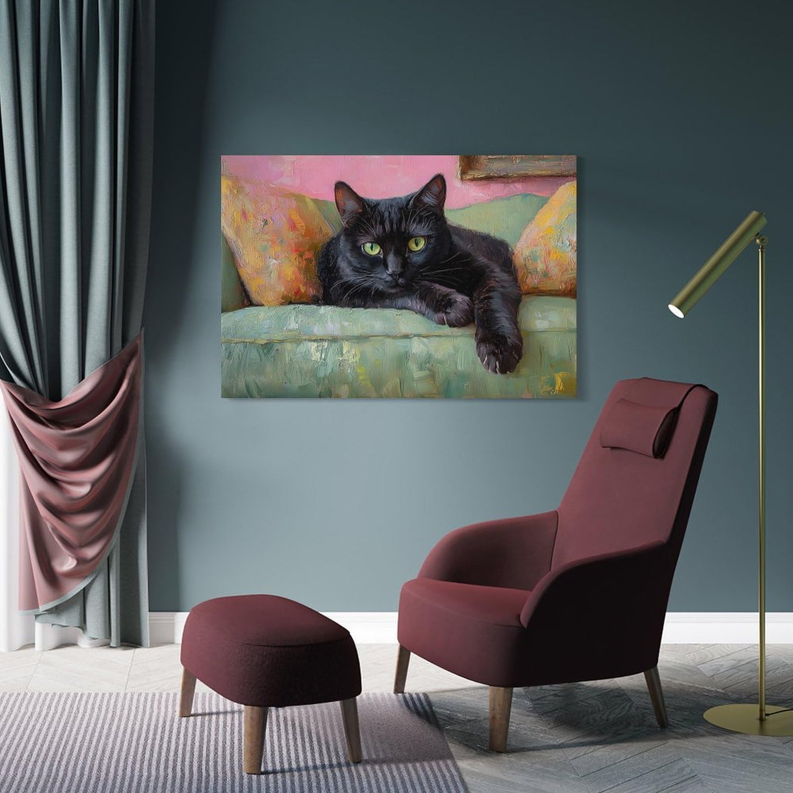 Junmoney Black Cat on Couch Wall Art Print 24x36inch(60x90cm), for Lounge, Study, Hallway Or Flat Walls, Decorative Artwork with Broad Appeal