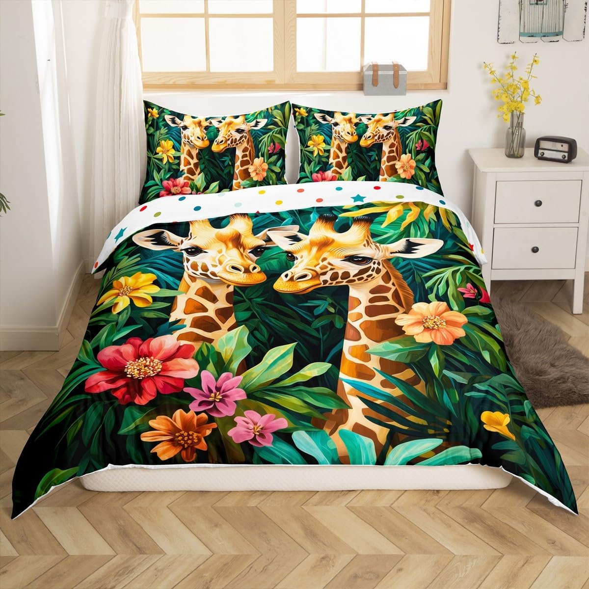 Giraffe Flower Duvet Cover Set Toddler,Tropical Jungle Palm Leaves Bedding Set Kids Girls Boys Room Decor,Wild Animal Botanical Comforter Cover 2Pcs,Green Leaves Floral Bedspreads Cover,1 Pillowcase