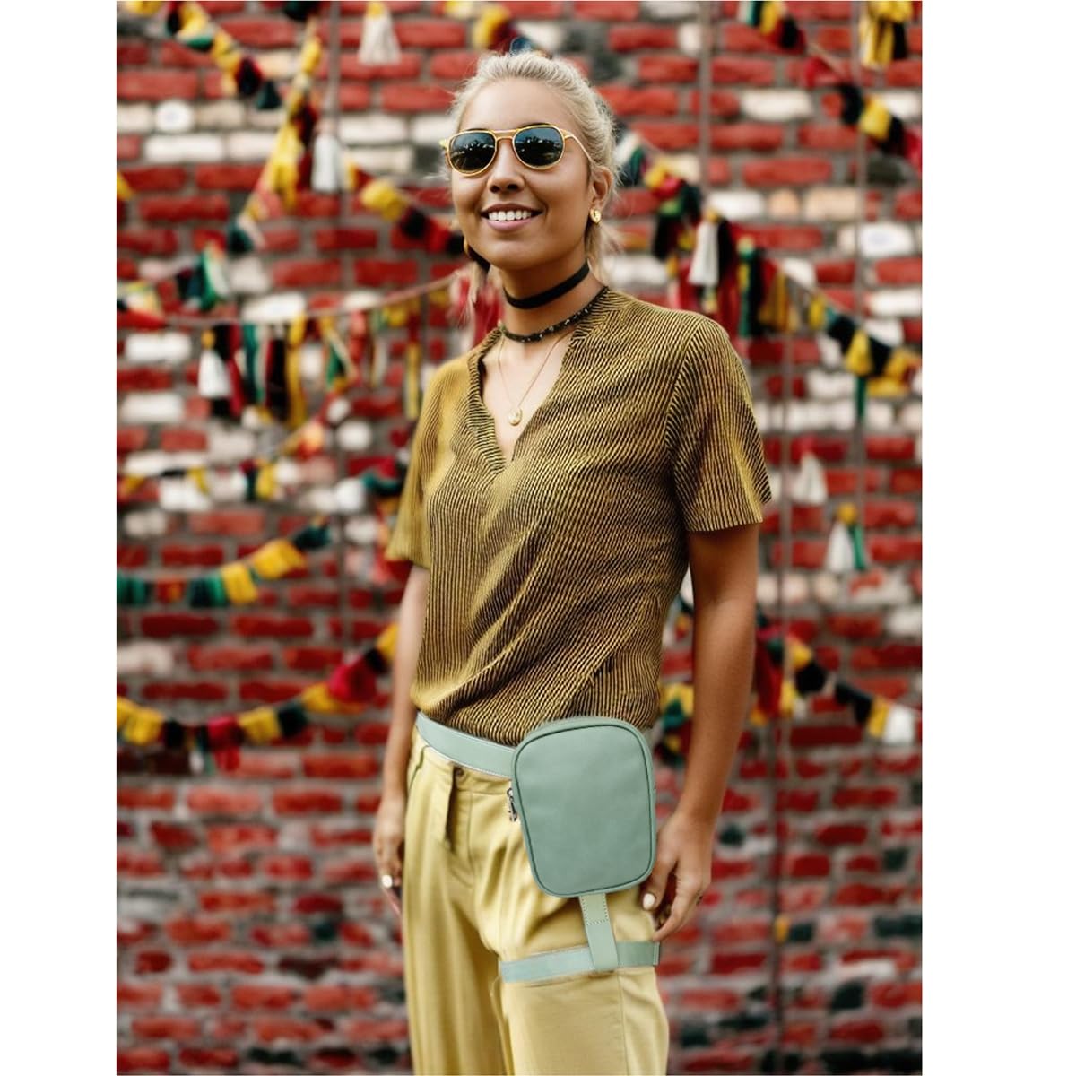 Larswon Leg Bag Leg Harness Bag PU Leather Thigh Bag Hip Bag Fanny Pack Thigh Harness Women Light Green - Image 3