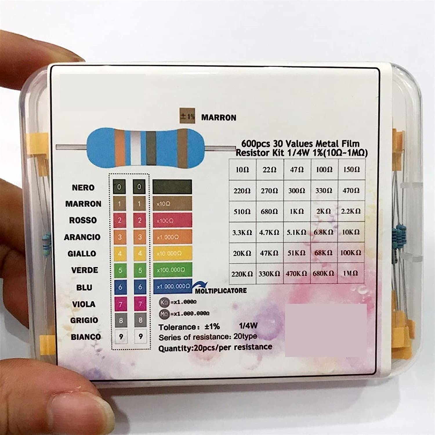600 pz/Lotto 1/4 W 0.25 W Resistore Pacchetto Assortiti Scatola Fai da Te Resistori A Film Metallico Kit 30 Valori X20pcs Resistenza Resistenza Resistenza di Ricambio