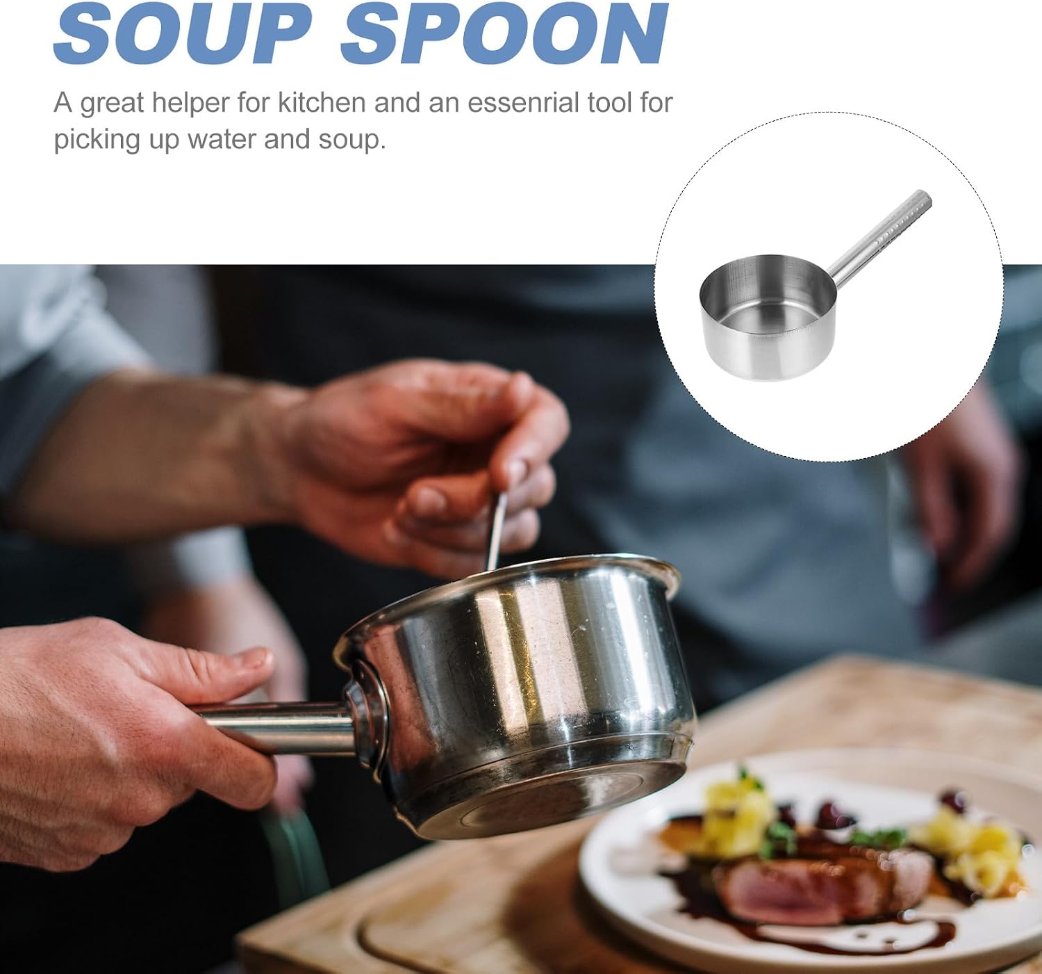 VILLCASE Stainless Steel Thickened Water Scoop Flat-base Soup Ladle with Long Handle 4 Jin Capacity Kitchen Cooking Utensil for Home and Restaurant Use