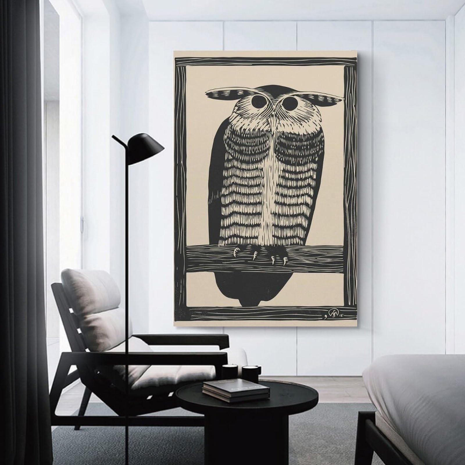 Junmoney Home Decor Wall Art Vintage Linocut Owl, 24x36inch(60x90cm), for Workspace Walls, Study Corners Or Bedrooms, A Smart Decor Choice for Study Walls