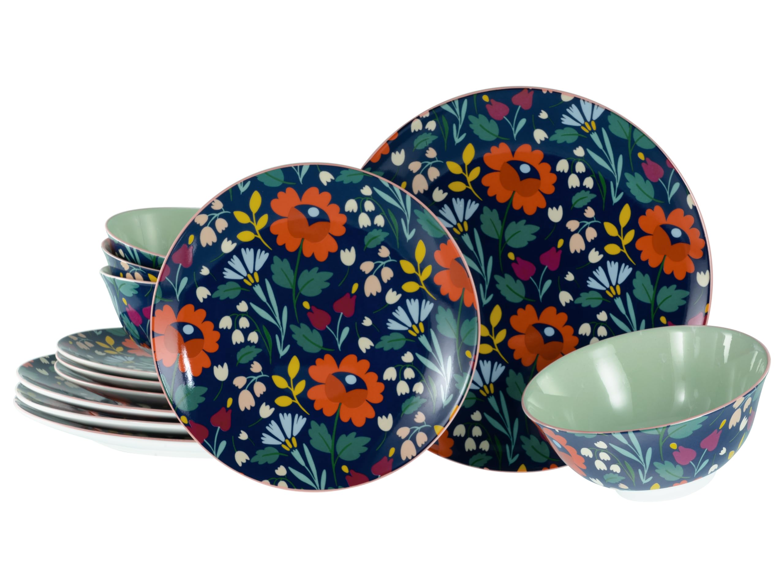 CreaTable, 20828, Serie Folklore Blau, 12-teiliges Geschirrset für 4 Personen, Tafelservice aus Steinzeug, spülmaschinen- und mikrowellengeeignet, Qualitätsproduktion