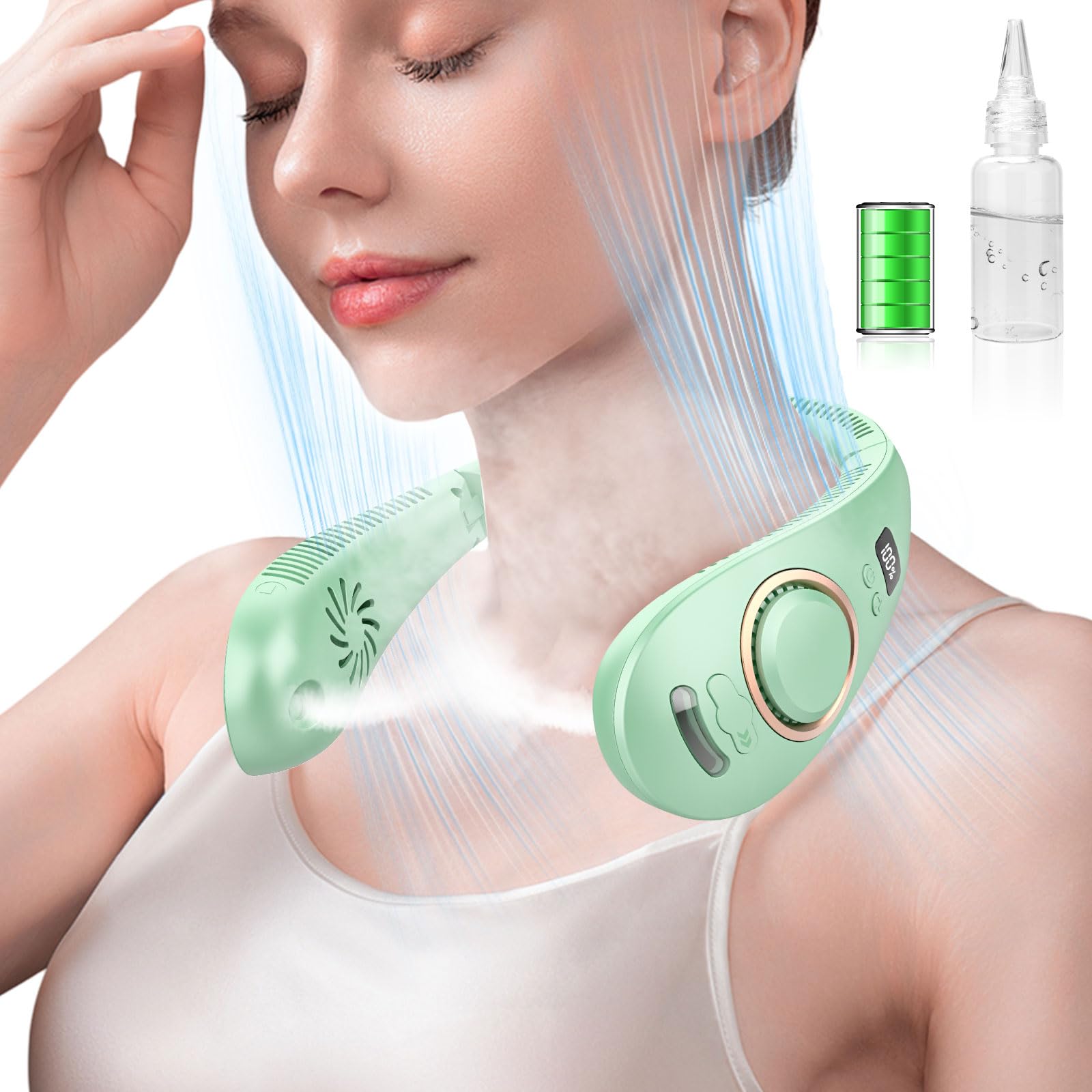 Personal Fan Neck Fan Mister-Fold away Wearable around the Neck Fan, Cordless Bladeless Personal Cooling Device,Neck Coolers for Women Men Kids Dad Mom Extremely Hot Weather Indoor Outdoor Green