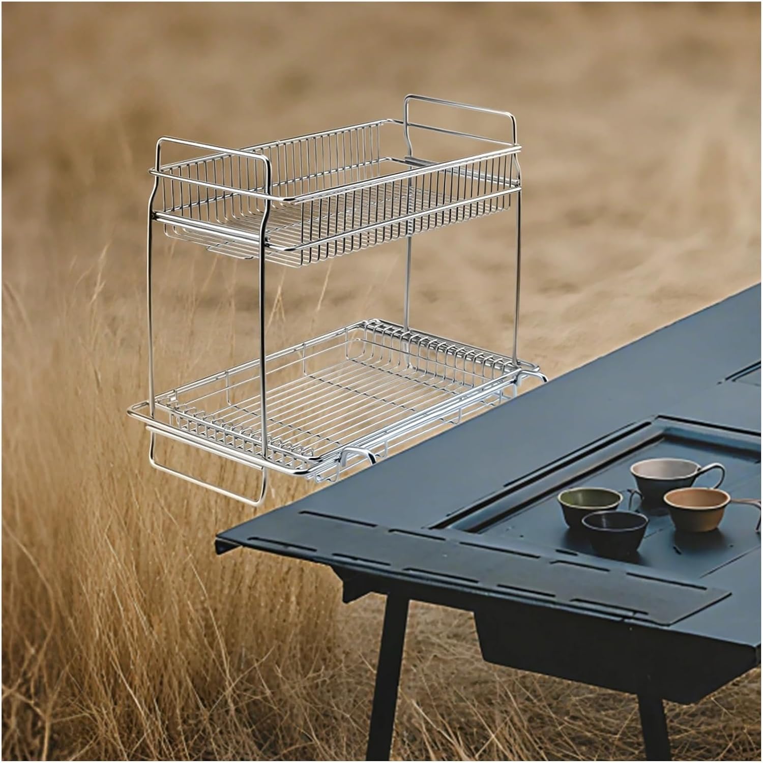Compatible for Outdoor IGT Double Layer Storage Rack Table Desktop Side Expansion Camping Drain Basket Folding Tableside Hanger