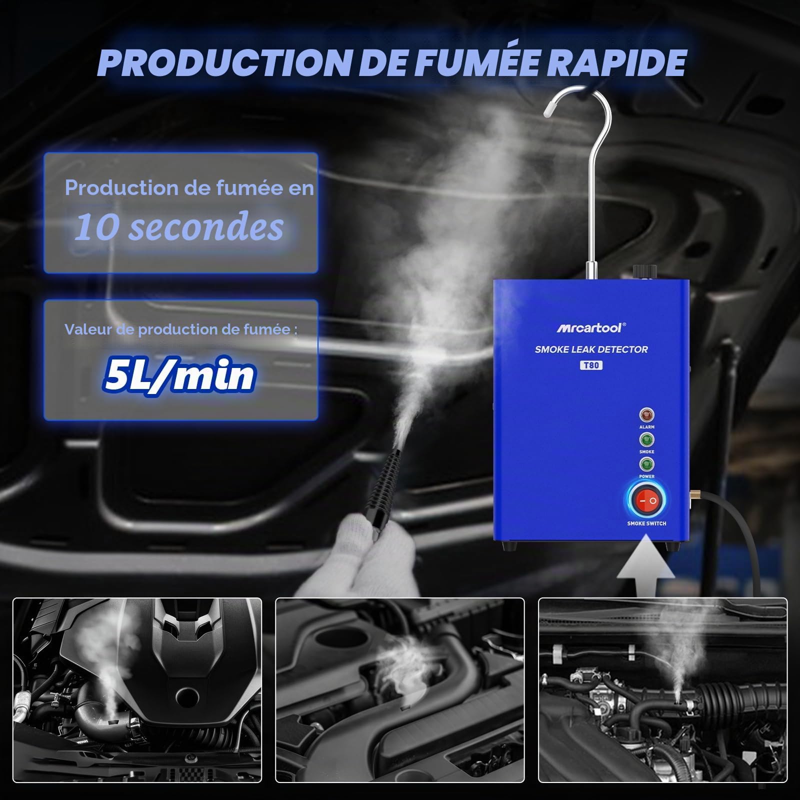 MR CARTOOL T80 EVAP Machine à Fumée Automotive avec Pompe à Air, Automobile Détecteur de Fuite de Fumée de Carburant, DC 12V Testeur de Fuite de Tuyau Automobile sous Vide Test pour 12V Véhicules