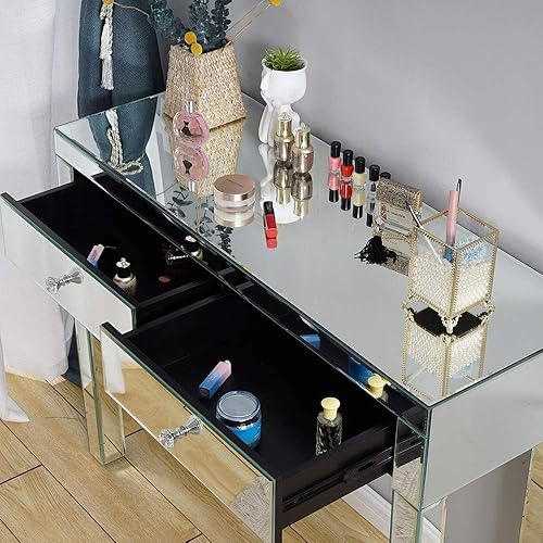 Miniatura 53 de SSLine Mesa de tocador de maquillaje con espejo, mesa auxiliar moderna para sofá, mesa auxiliar con espejo, mesa de tocador con 2 cajones, mesa de
