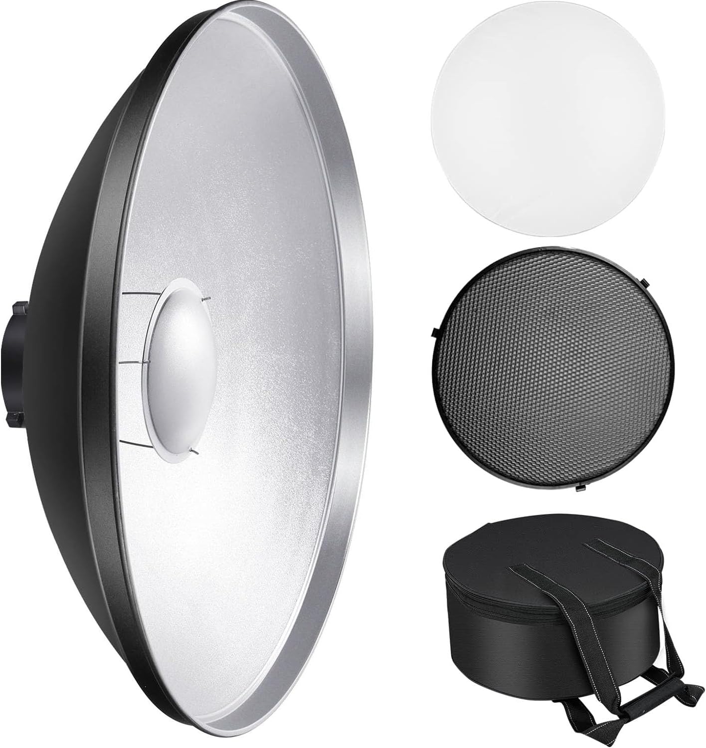 21.6inch/55cm Standard Reflector Beauty Dish with White Diffuser Sock, Honeycomb Grid and Carrying Case Bag for Bowens Mount Studio Strobe Flash Light (21.6inch)