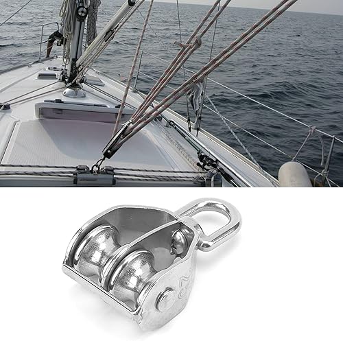 Miniatura 6 de Fydun - Polea marina de acero inoxidable 316 con doble rodillo giratorio, herramientas de elevación, color plateado para barcos