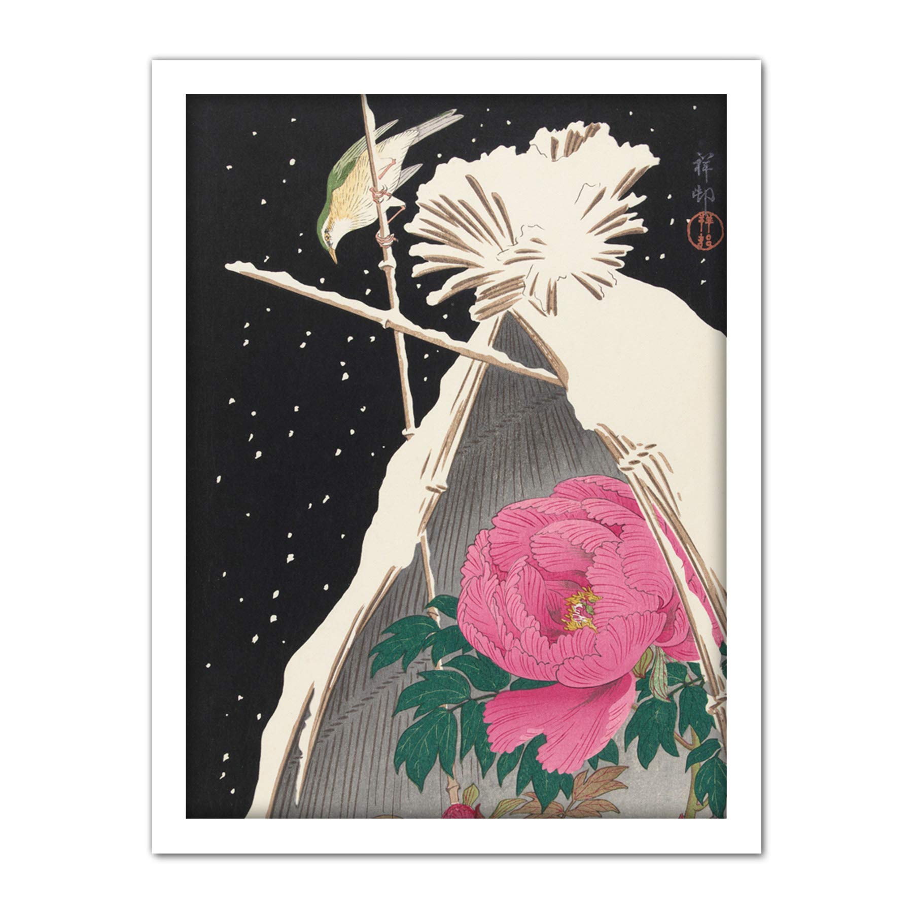 Artery8 Ohara Koson Siberian Bluechat Next To A Peony Artwork Framed Wall Art Print 18X24 Inch