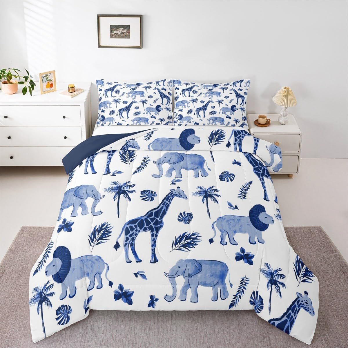 Feelyou Jungle Animals Comforter Queen Size Elephant Lion Giraffe Animal Bedding Sets African Safari Animal Comforter Set for Kids Boys Girls Hunter Blue Rust Wildlife Down Comforter