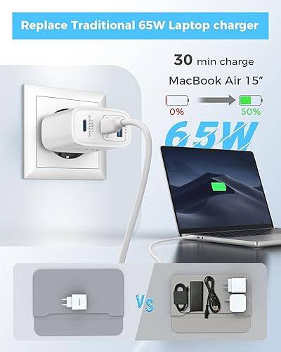 Miniatura 2 de Bloque de cargador USB C de 65 W, cargador de pared GaN de 3 puertos, plegable, compacto, tipo C, carga rápida para MacBook Pro/Air, para iPhone