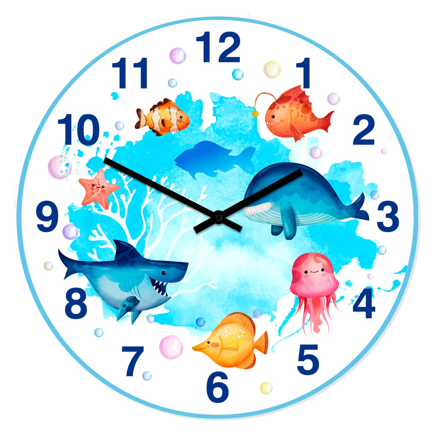 Soul Decor Blue Sea and Fish Wall Clock, Silent Non-Ticking, Girl/Boy Room Unisex Clock for Children Bedroom Decor, Made in The USA 12 Inch Round