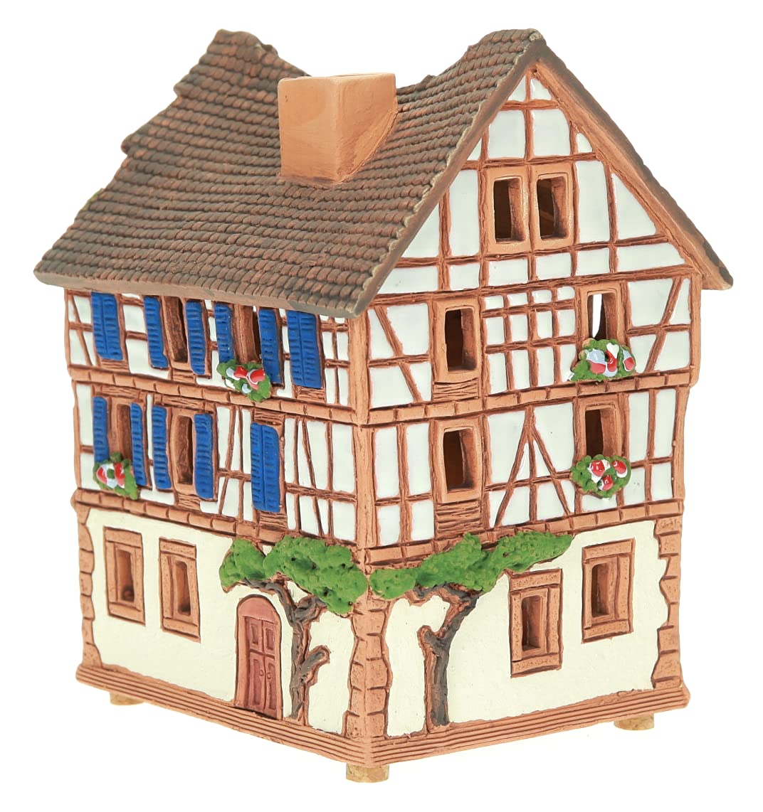 Ceramiczny domek świetlny, rękodzieło, miniaturka artystyczna, historyczny stary dom z muru pruskiego w Kaysersberg, Alzacja, B241AR