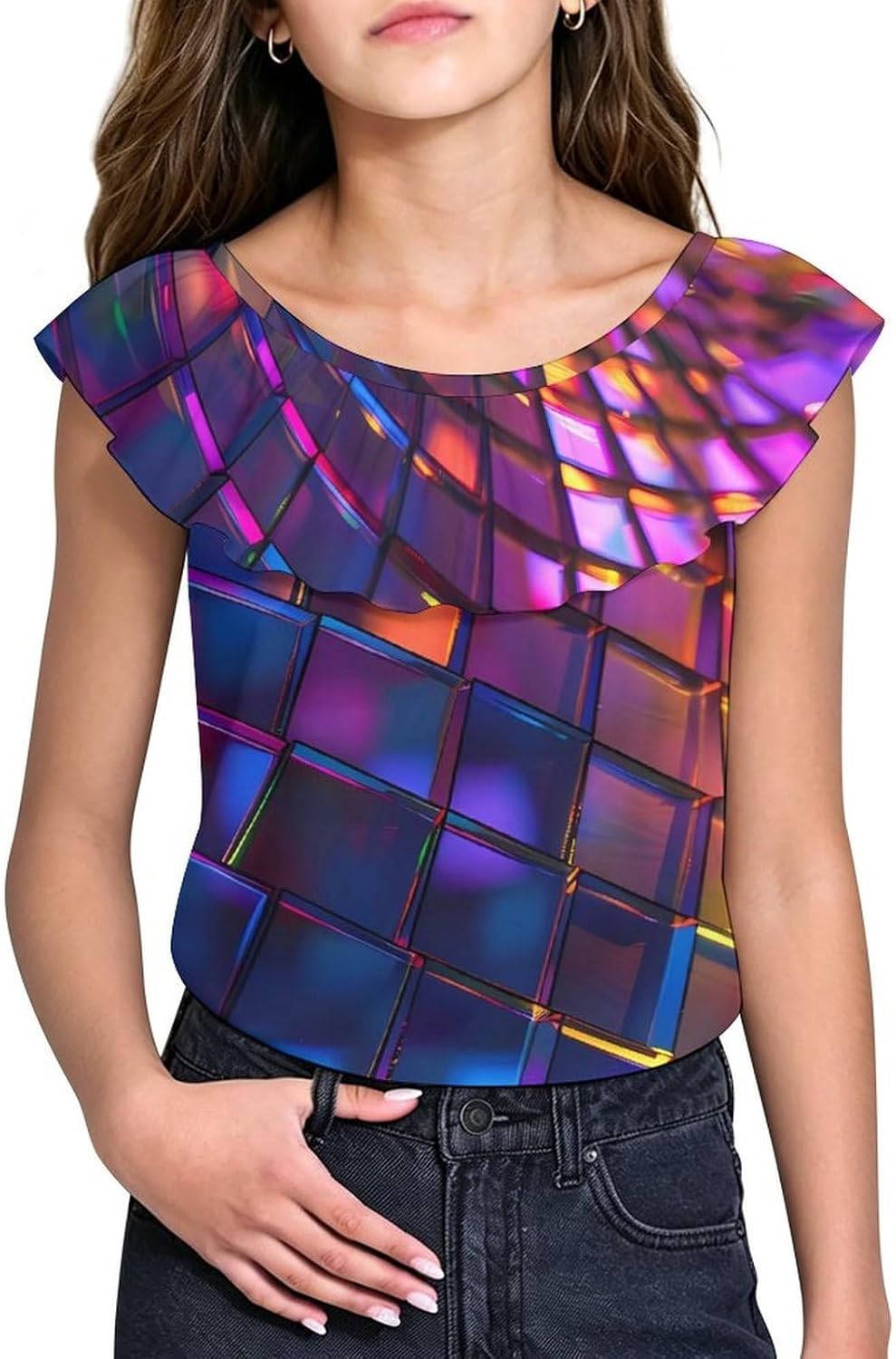 Iridescent Disco Ball Girls T-Shirts Top Ruffle Short Sleeve Blouse Casual Graphic Tees