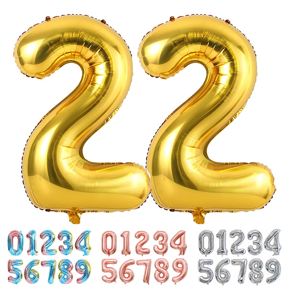 Ponmoo Foil Balloon Number 22 Gold, Giant Numbers 0 1 2 3 4 5 6 7 8 9 10-19 20-29 30-39 40-49 50-60-70-80-90-100, Large Balloons for Wedding Anniversary Birthday Party Decoration