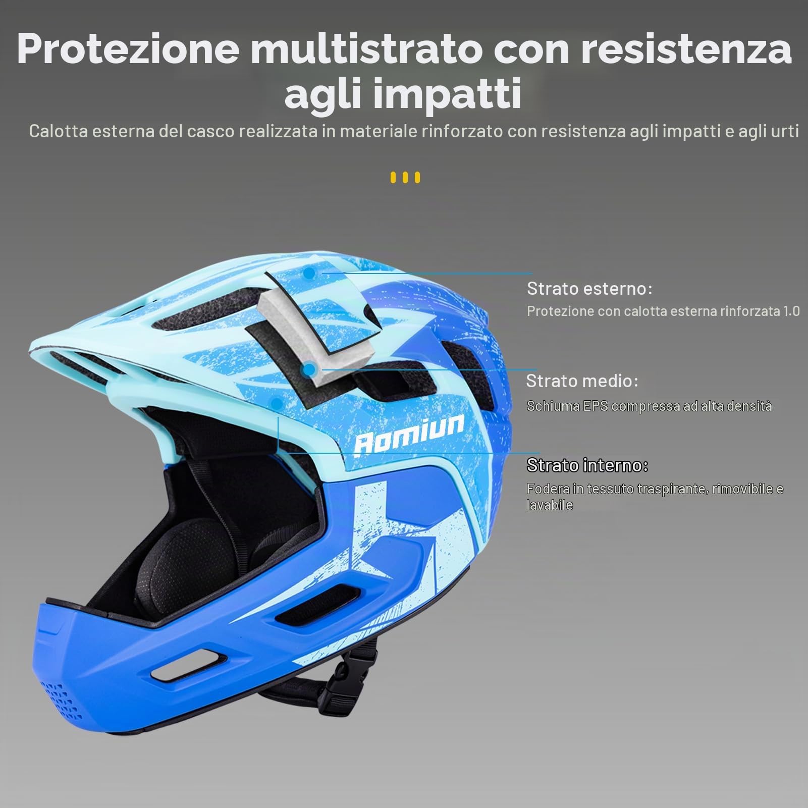 Casco integrale per bambini con protezione per il mento rinforzata, 18 fori di ventilazione, traspirante e leggero, dimensioni (51-54 cm)