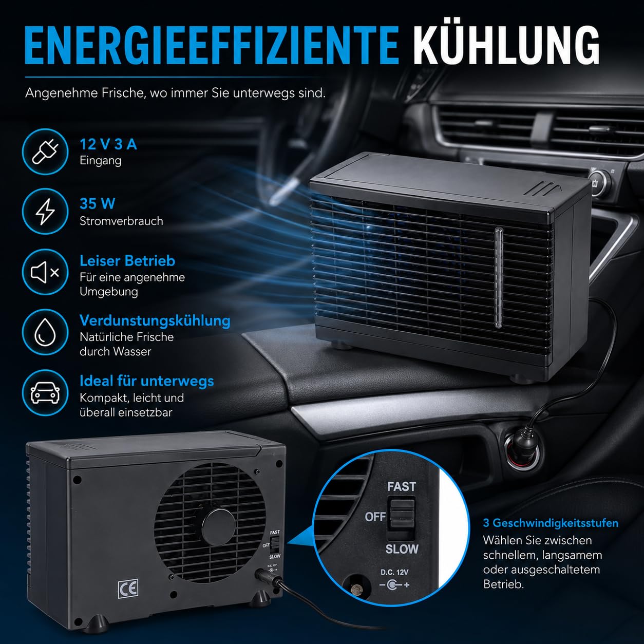 Mini ventilatore dell'aria condizionata Raffreddatore evaporativo portatile silenzioso con serbatoio dell'acqua per casa auto 12V Soluzione di raffreddamento compatta in ABS nero
