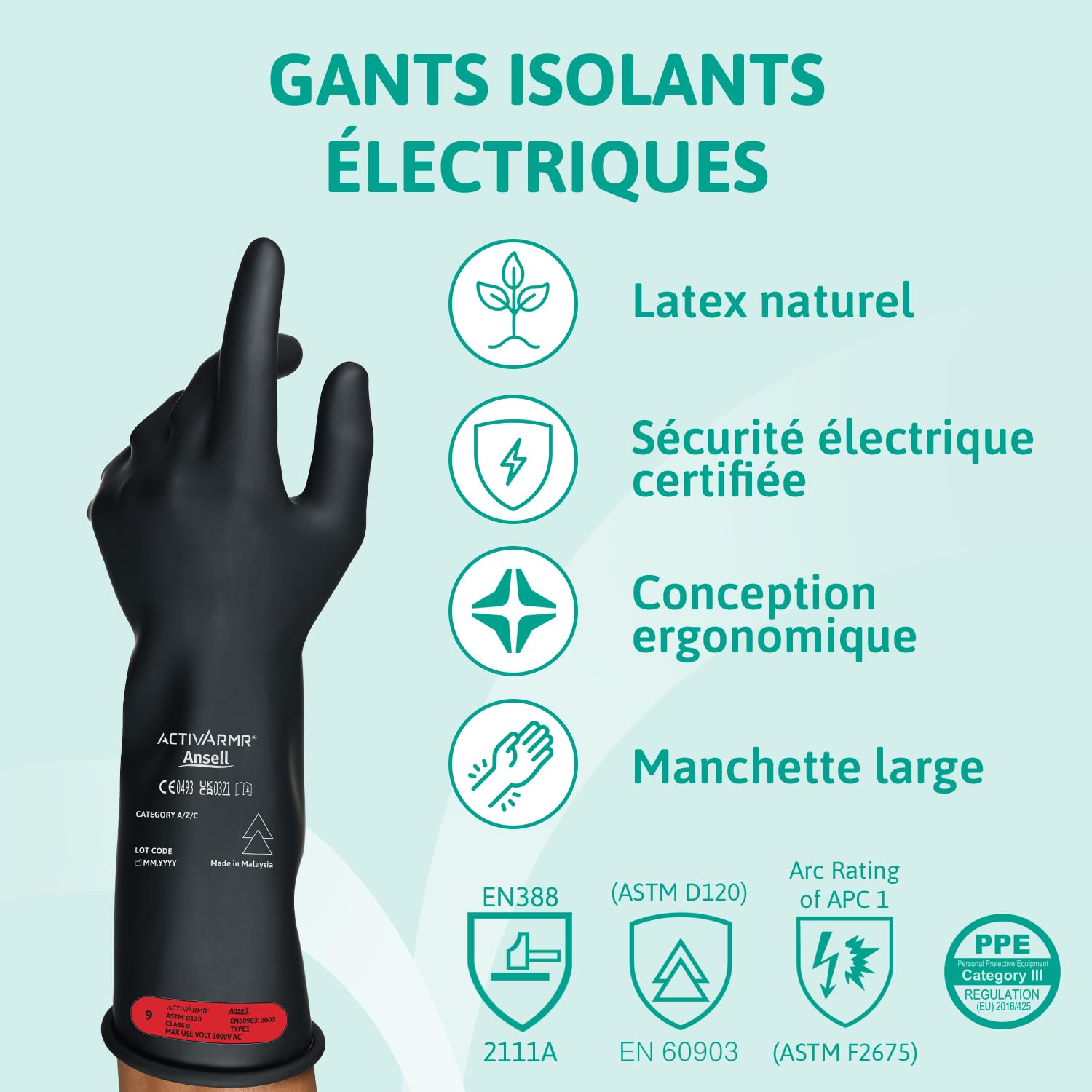 Ansell ActivArmr Gants Electricien, Protection Électrique Classe 0 (Tension 1000V), Gants Isolants en Latex de Caoutchouc Naturel, EPI Professionel, 36cm, Noir, Taille M (1 Paire)