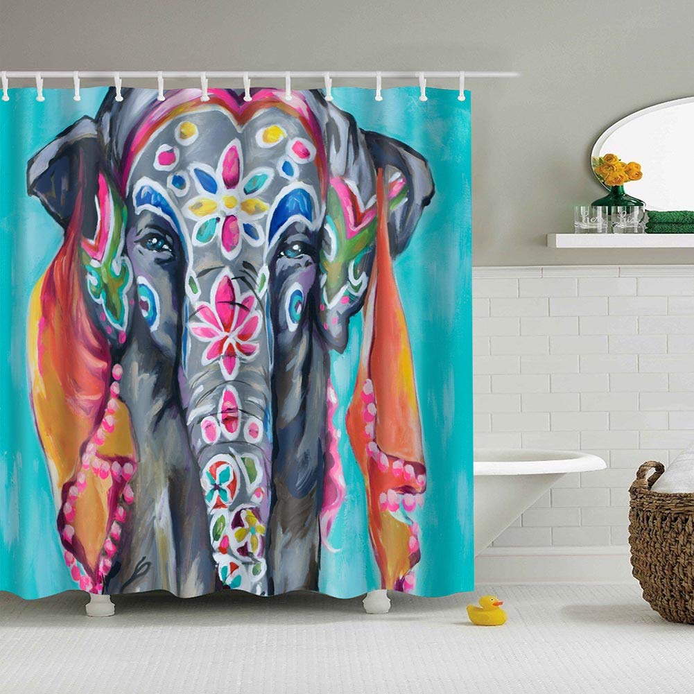 BOYOUTH Boho Style Elephant Pattern Digital Print Shower Curtains for Bathroom Decor,Polyester Waterproof Fabric Bath Curtain with 12 Hooks,70x70 Inches,Multicolor