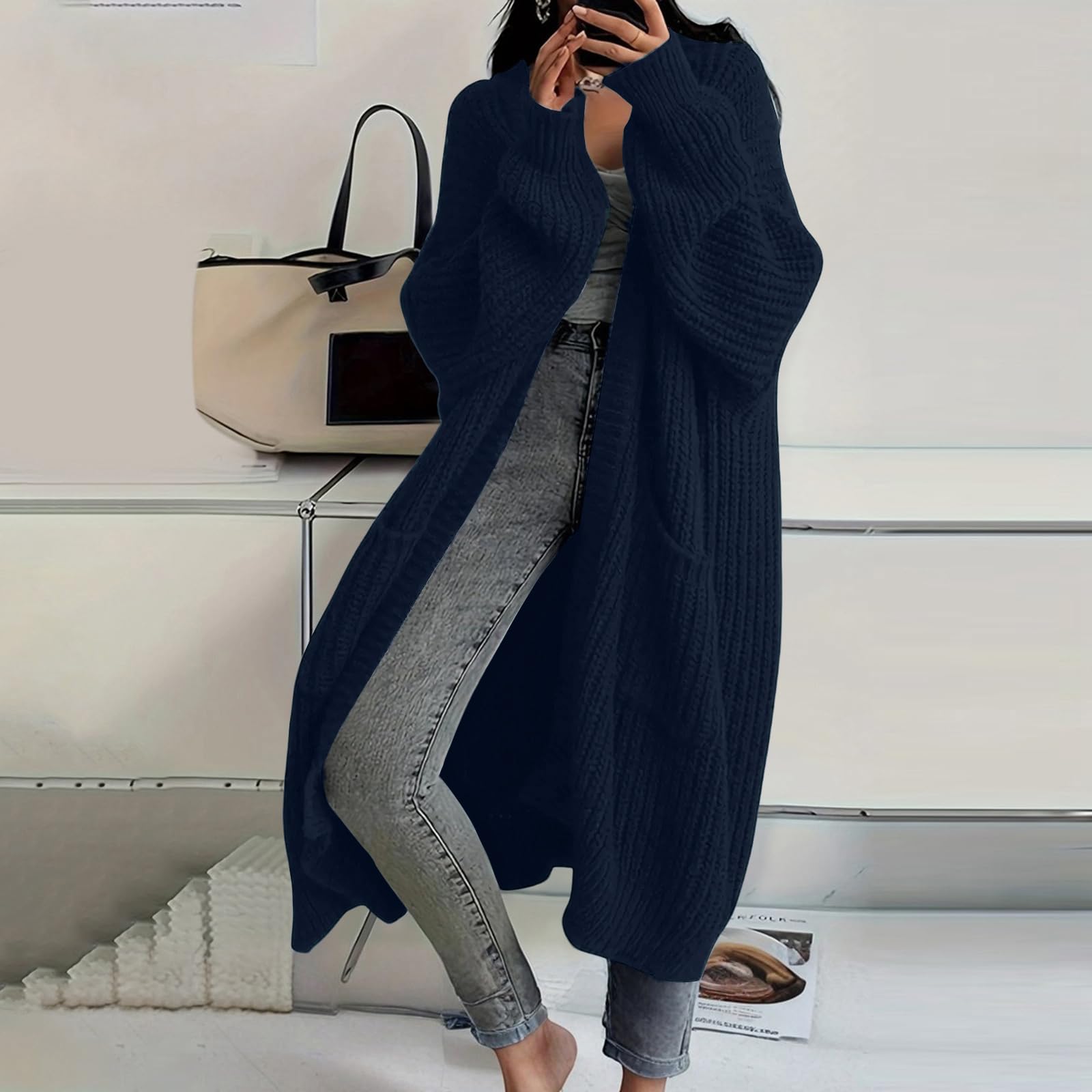 Generisch Strickjacke Damen Lang Cardigan Langarm Mantel Mit Taschen