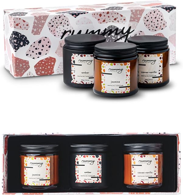 Rummy London Scented Candles Gift Set 3 x 100 gr Candle in Box Jasmine-Cacoa Vanille-Amber %100 Natural Soy Wax Essential Oil Pure Scented Candles Lovely Gift Box