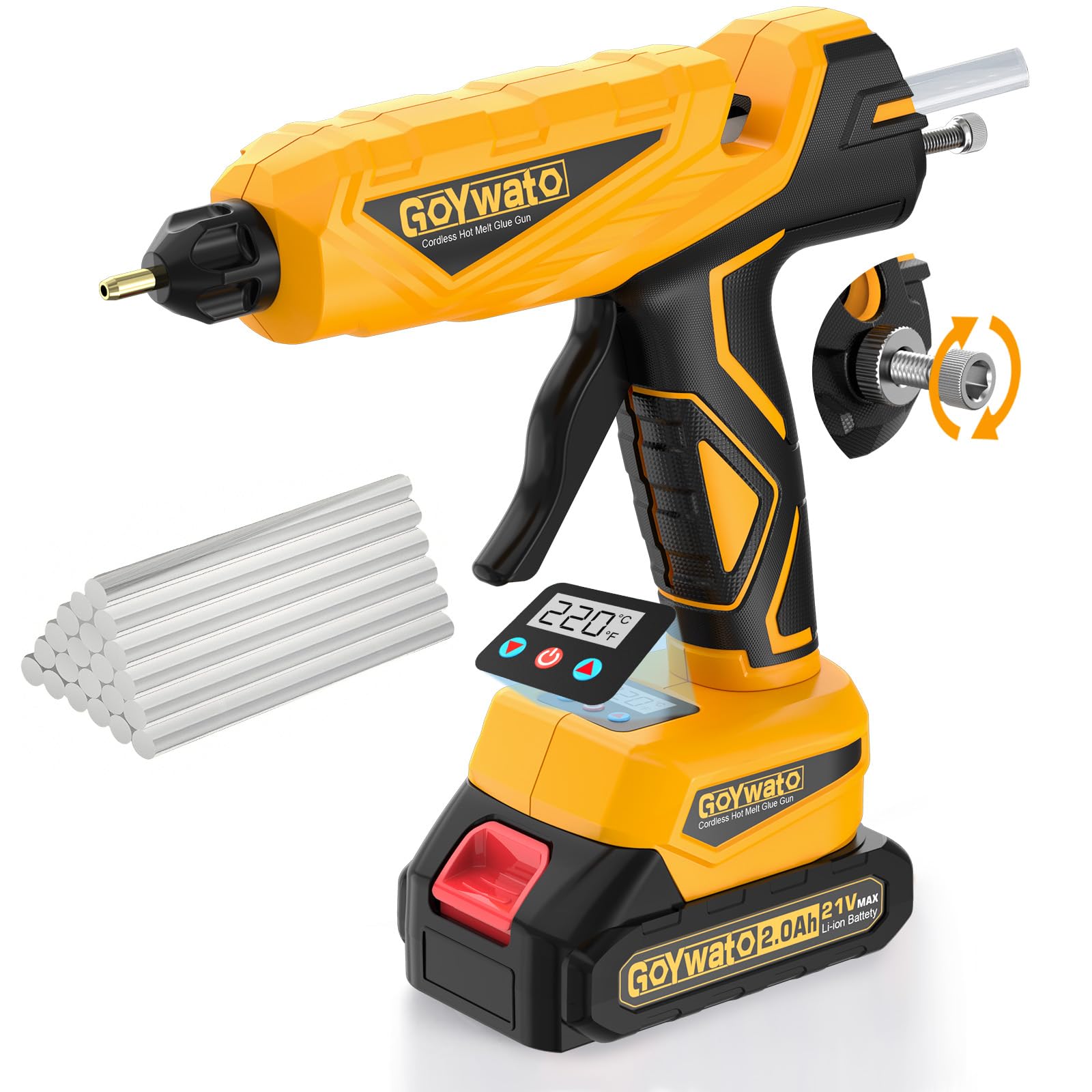 Pistolet Colle sans fil 21V - 150W Chauffage Rapide Pistolet Colle Chaude avec Batterie 2000mAh, Température Réglable 100-200 ℃, Buse Anti-Goutte, 20 Bâtons de Colle de 11mm pour Bricolage