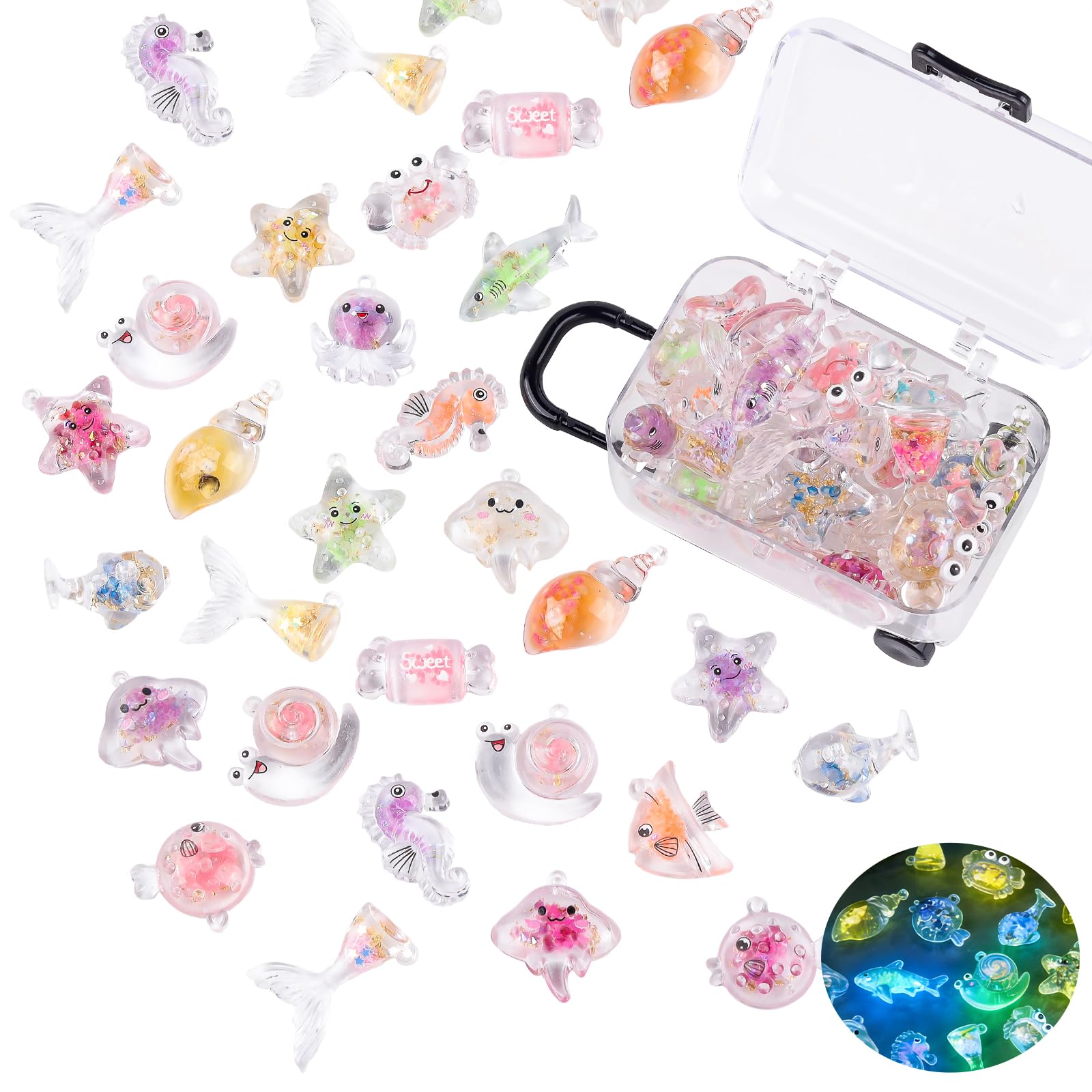 30PCS Mini Ocean Resin Animals with 1 Pc Suitcase Boxes, Luminous Tiny Sea Animals Figurines to Hide Glow In The Dark Marine Miniature for Fairy Garden Dollhouse Fish Tank Aquarium Decor (Ocean)
