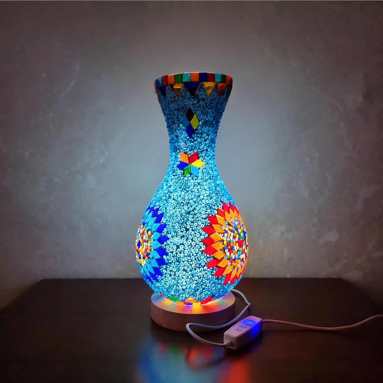 Fespcj Turkish Mosaic Table Lamp Moroccan Style Colorful Handmade Glass Vase USB Power Tiffany Mosaic Table Night Light for Bedroom Living Room Decor Colorful（5.11in*11in）