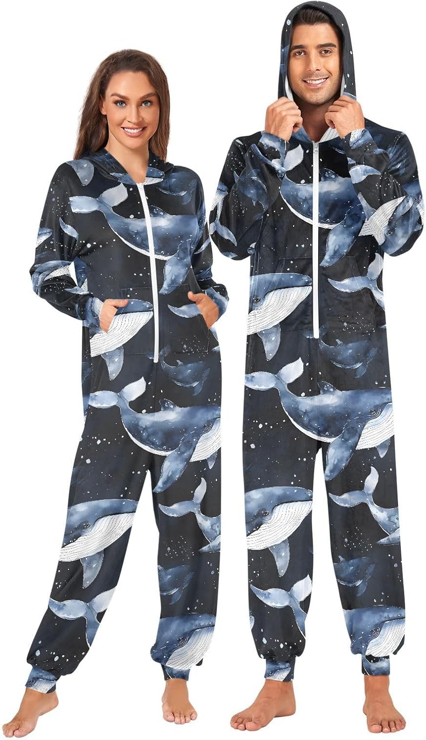 Whale Blue Ocean Black Adult Onesie Pajamas Novelty One Piece Costume Sleepwear Jumpsuits Matching PJS