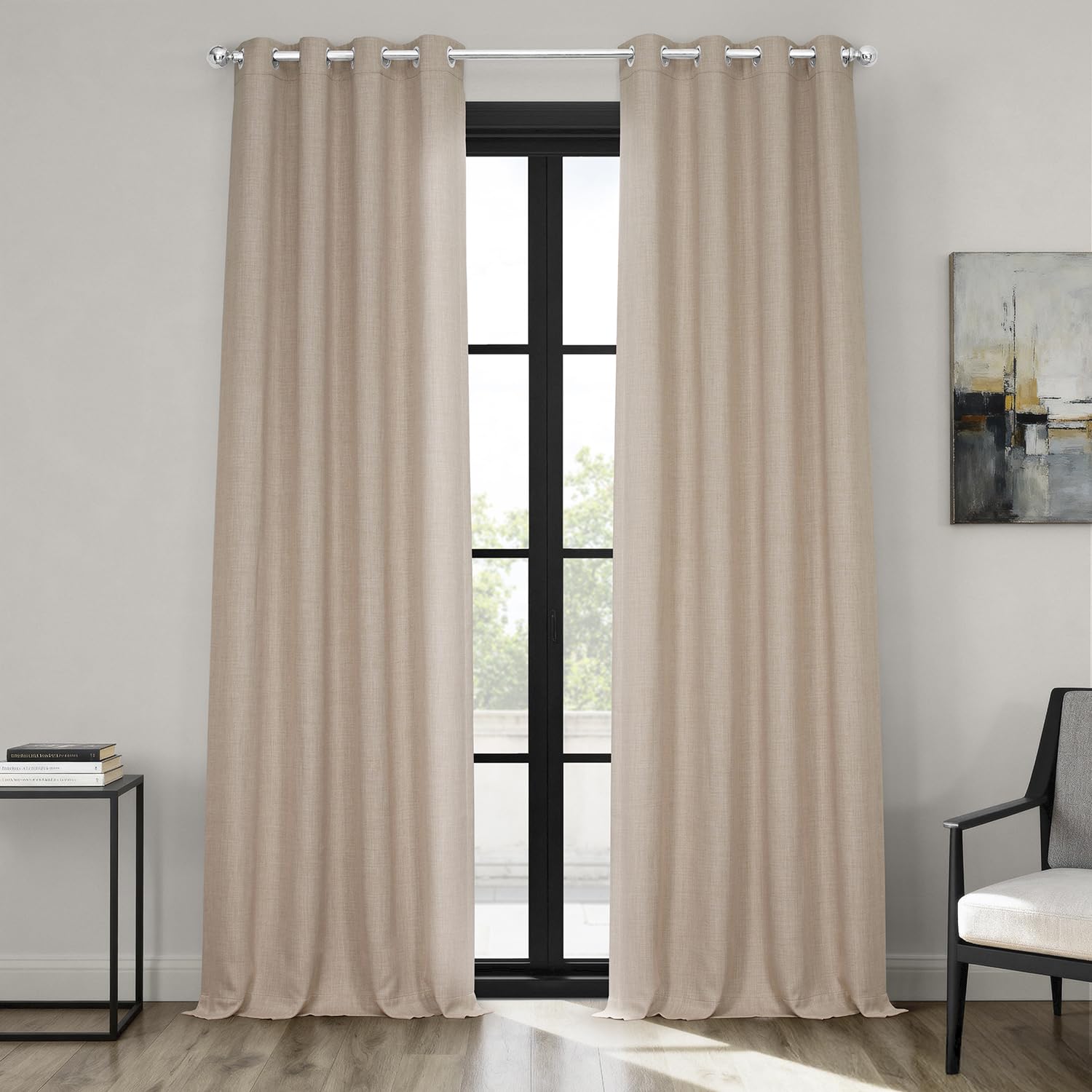 Grommet Faux Linen Curtains for Bedroom (1 Panel) 50W X 108L, Thatched Tan