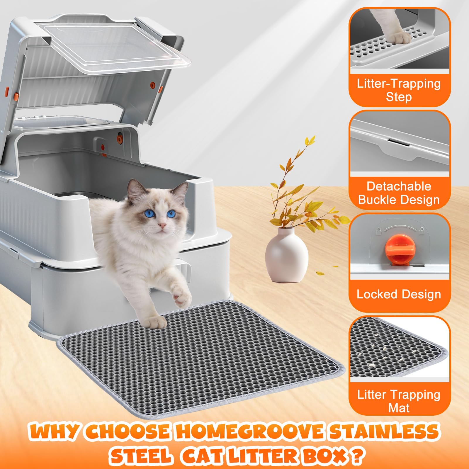 Homegroove Caja de arena cerrada para gatos de acero inoxidable con cajón, caja de metal grande para gatos con tapa para gatos de interior, bandeja de arena cubierta de metal con pala de arena y pedal