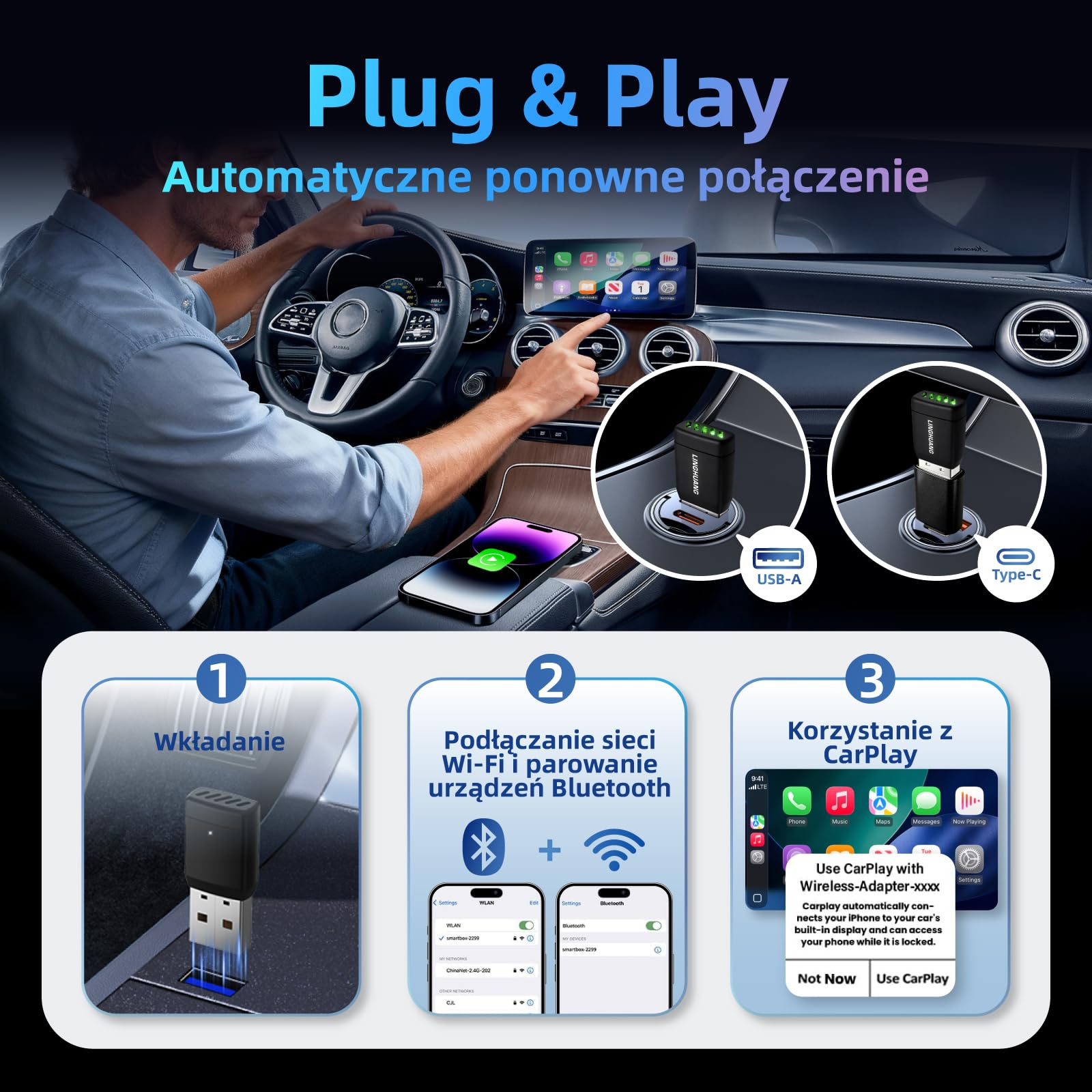 LINGHUANG Adapter bezprzewodowy Carplay i mini bezprzewodowy adapter do systemu Android Auto Wireless, przekształca kabel w bezprzewodowy, Plug & Play, szybkie i stabilne połączenie, kompatybilny z