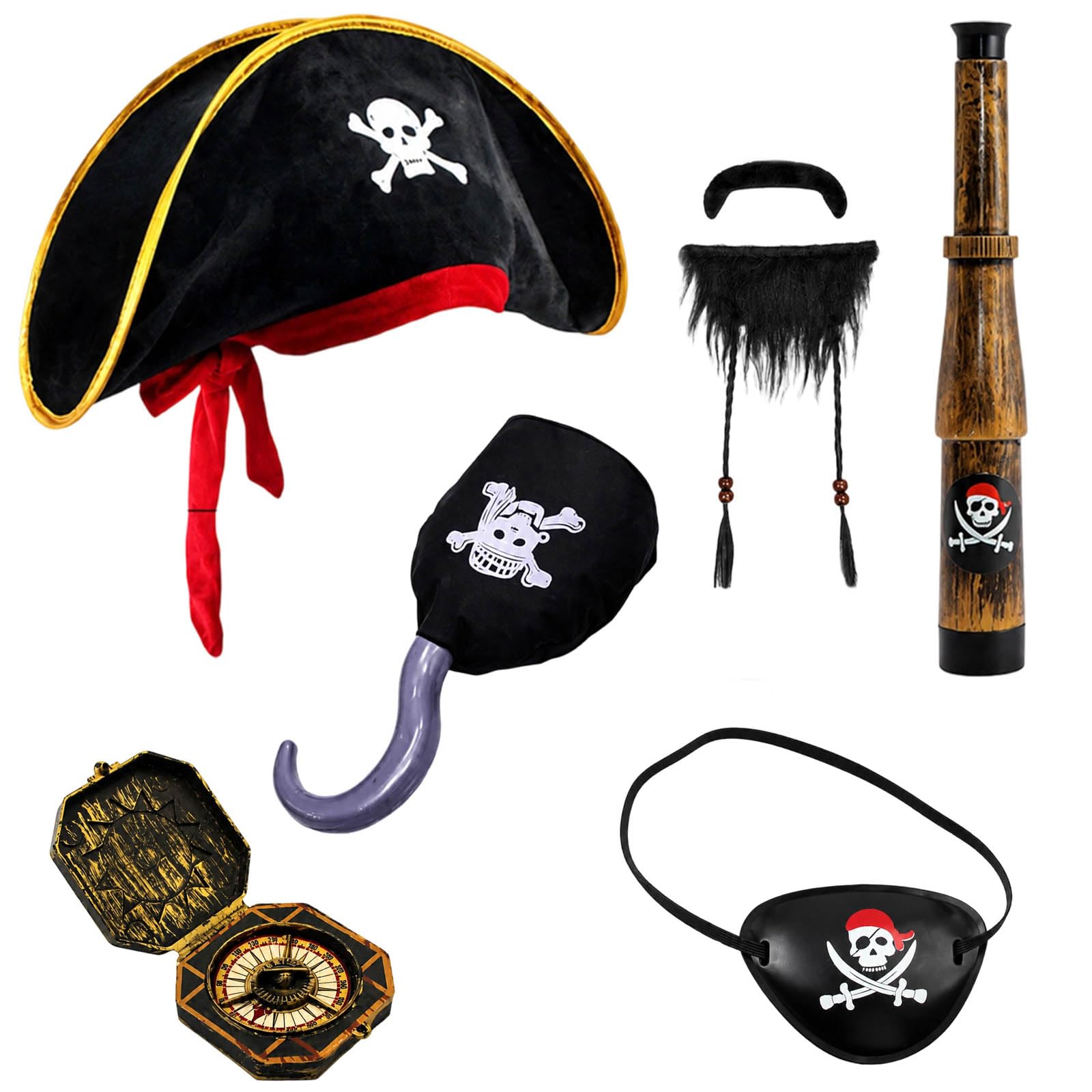 BATSEREN 6-Piece Pirate Accessories Set with Flannel Pirate Hat, Retractable Telescope, Eye Patch and Hook, Halloween Costume Accessories for Pirate Fancy Dress