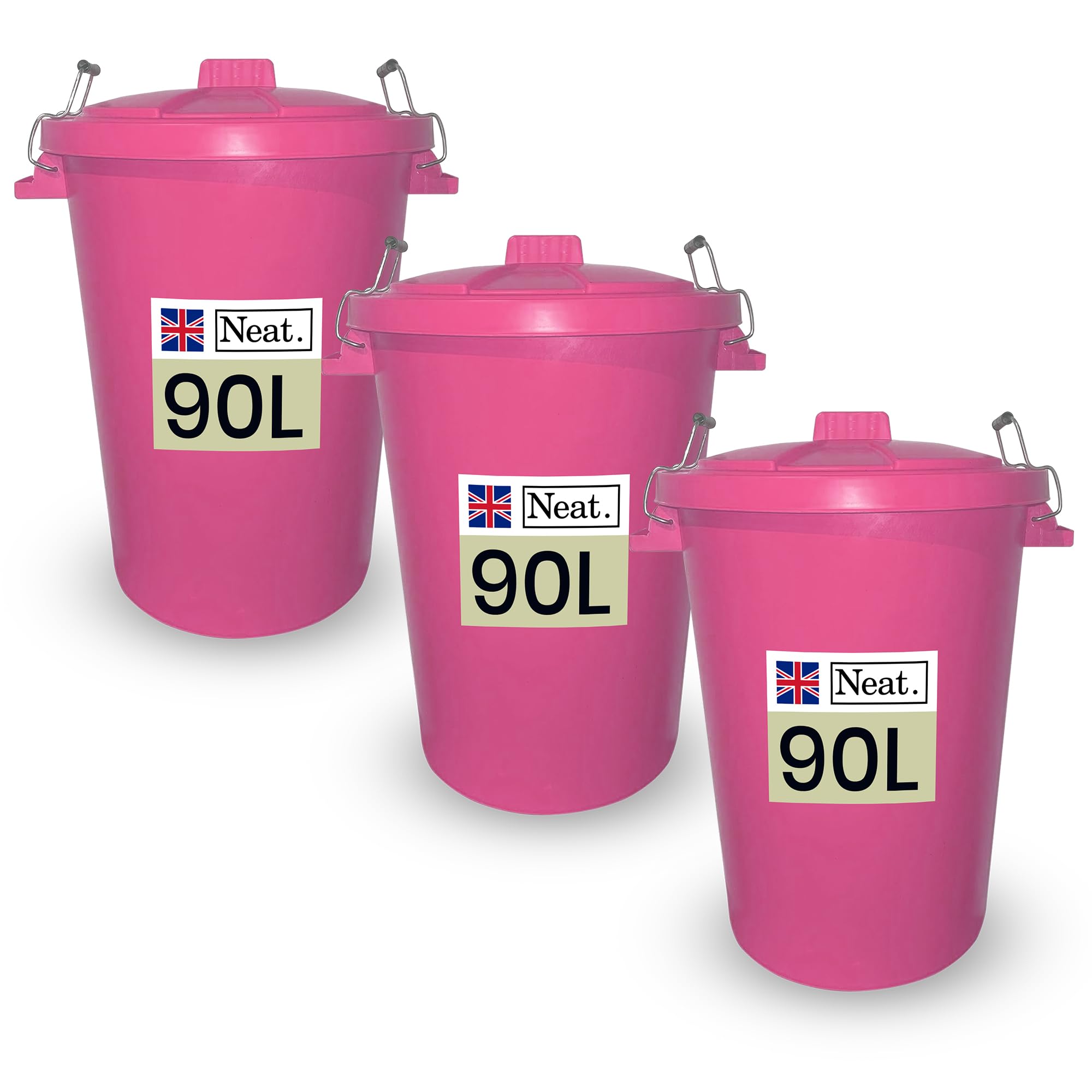 Neat. 90L Large Plastic Bins, Heavy Duty Kitchen Bin with Metal Handle Dustbin with Lid For Easy Refusal, Pink-3Pack