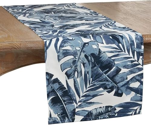 Fennco Styles Camino de mesa vibrante con diseño de hojas tropicales de 16 x 72 pulgadas, mantel azul marino para el hogar, comedor, banquetes,