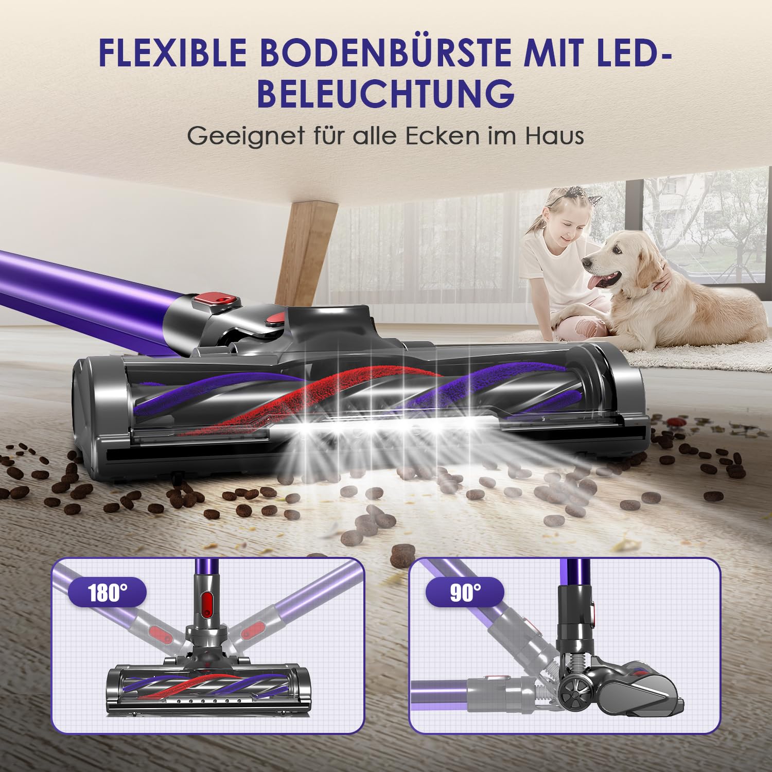 Akku Staubsauger Kabellos, 45000Pa Kabelloser Staubsauger mit Touchscreen, 50Mins, 1.6L, H13 HEPA, Anti-Tangle-Bürste, für Hartböden/Teppich/Tierhaare, Violett