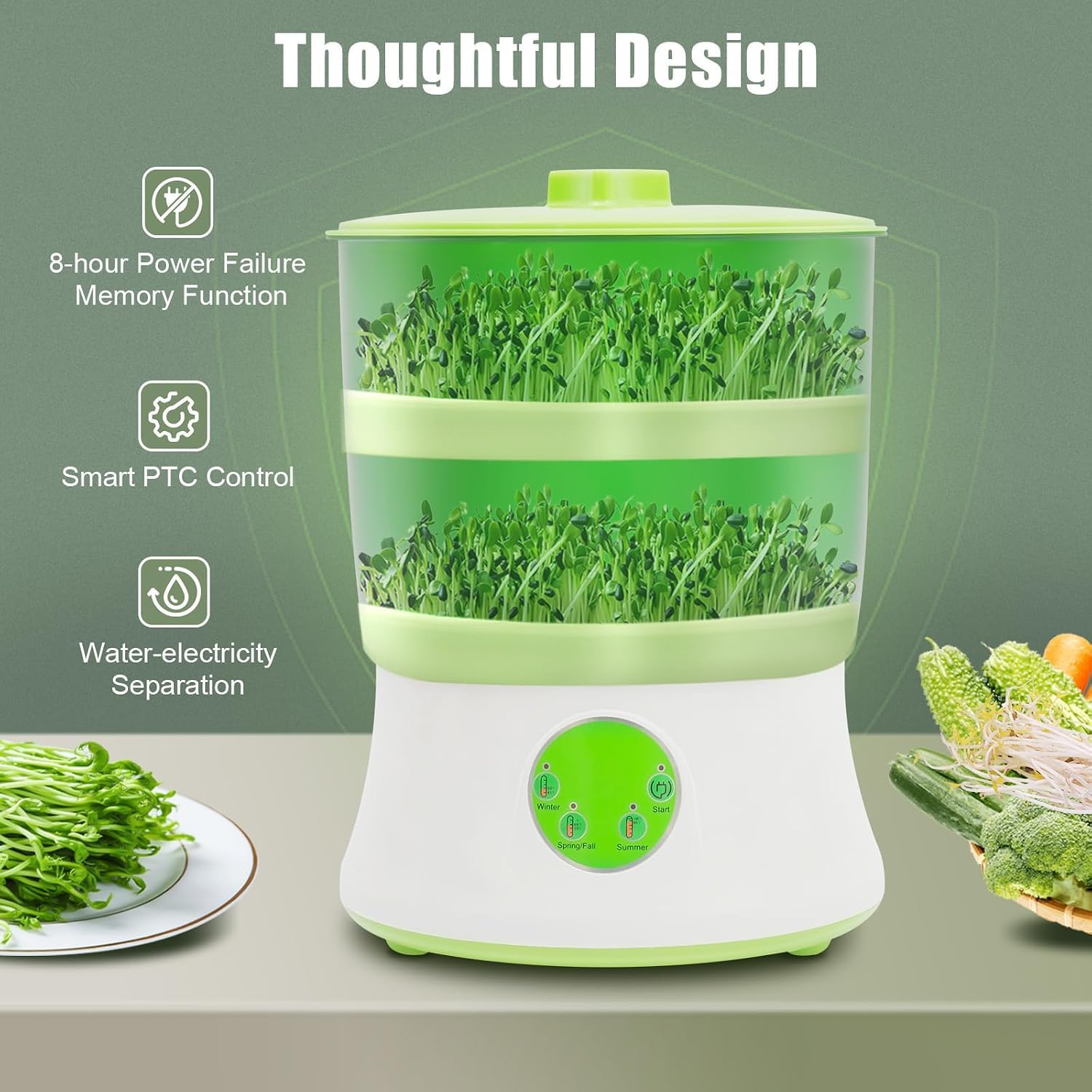 Germoir à soja à 3 Niveaux, kit de Germination Automatique, arroseur à 360°, 3 Modes saisonniers