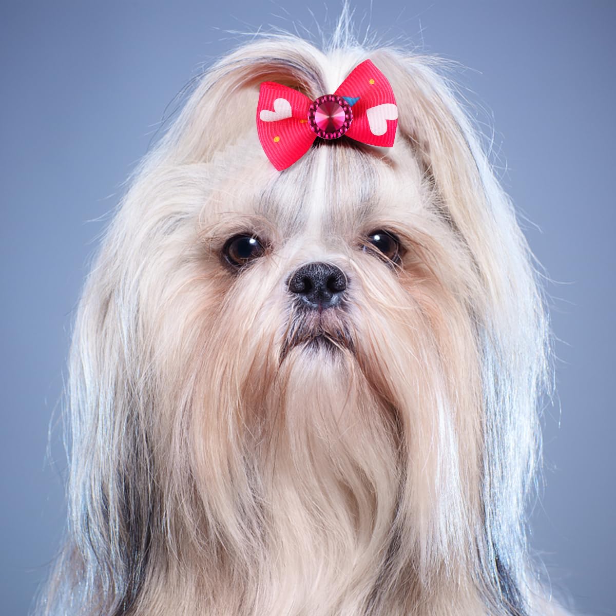 POPETPOP 50pcs Dog Bows With Rubber Bands-Pet Cat Dog Hair Bows Multicolor Rhinestone Beads Flowers Topknot Puppy Bows(Mixed Color