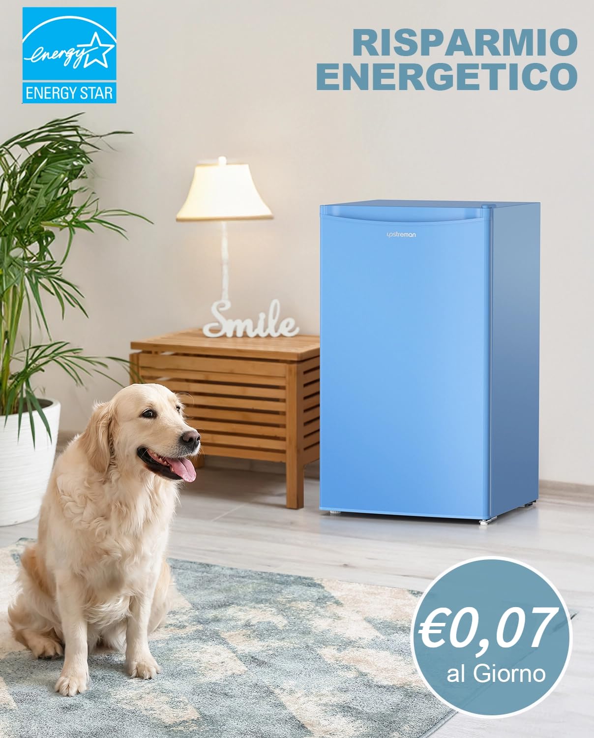 Upstreman Frigorifero Piccolo Con Freezer 91L, Silenzioso, Termostato Regolabile, Scomparto per Verdure, Mini Frigo da Camera, Dormitorio, Ufficio, Blu -BR321