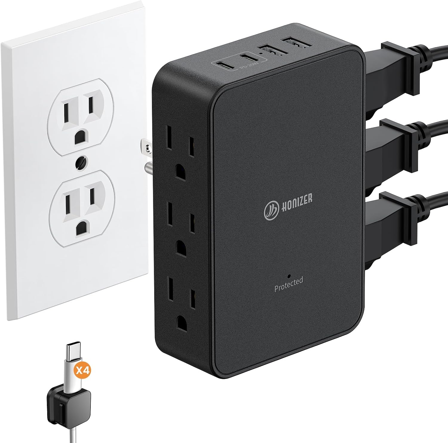 Outlet Extender with 6AC Side Outlets,Flat Wall Outlet,PD 20W USB C | Multiple Outlet for Behind Couches Nightstands Desks TV,3 Sideways Plug Adapter,Electrical Outlet Extender with 4 Cable Clips