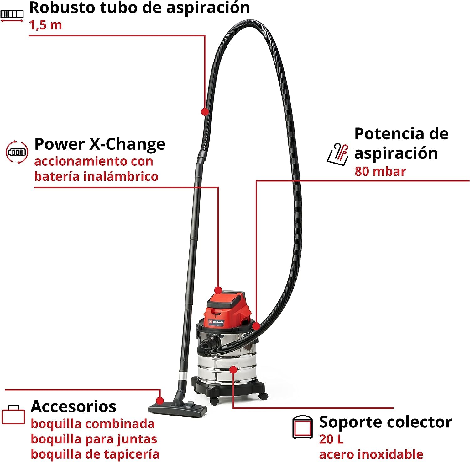 Einhell Aspirador seco-húmedo (Iones de Litio, 86 Db Potencia Sonora, 8 kPa, 20 L, Recipiente de Acero ino x idable, 1,5 m de Manguera de aspiración, sin batería)