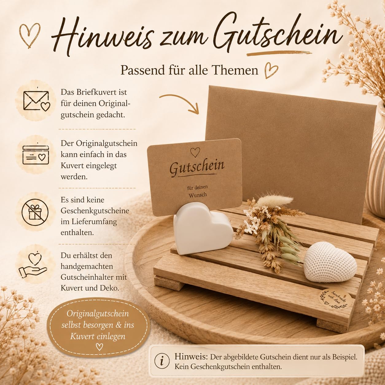 Alpaka Gutscheinhalter Geschenk für Alpakawanderung, handgemachte Geschenkverpackung mit Holztablett, Kuvert, Herzhalter und Alpaka-Figur, ohne Gutscheinwert