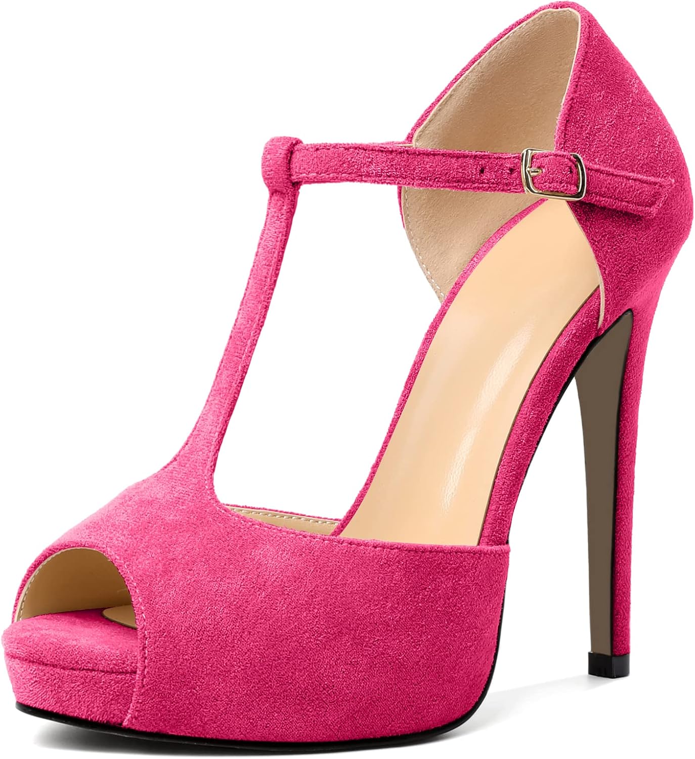 SAMMITOP Women's Peep Toe Platform High Heels with T Strap Stiletto Pumps for Women Sexy Heeled Sandals Suede Dress Shoes