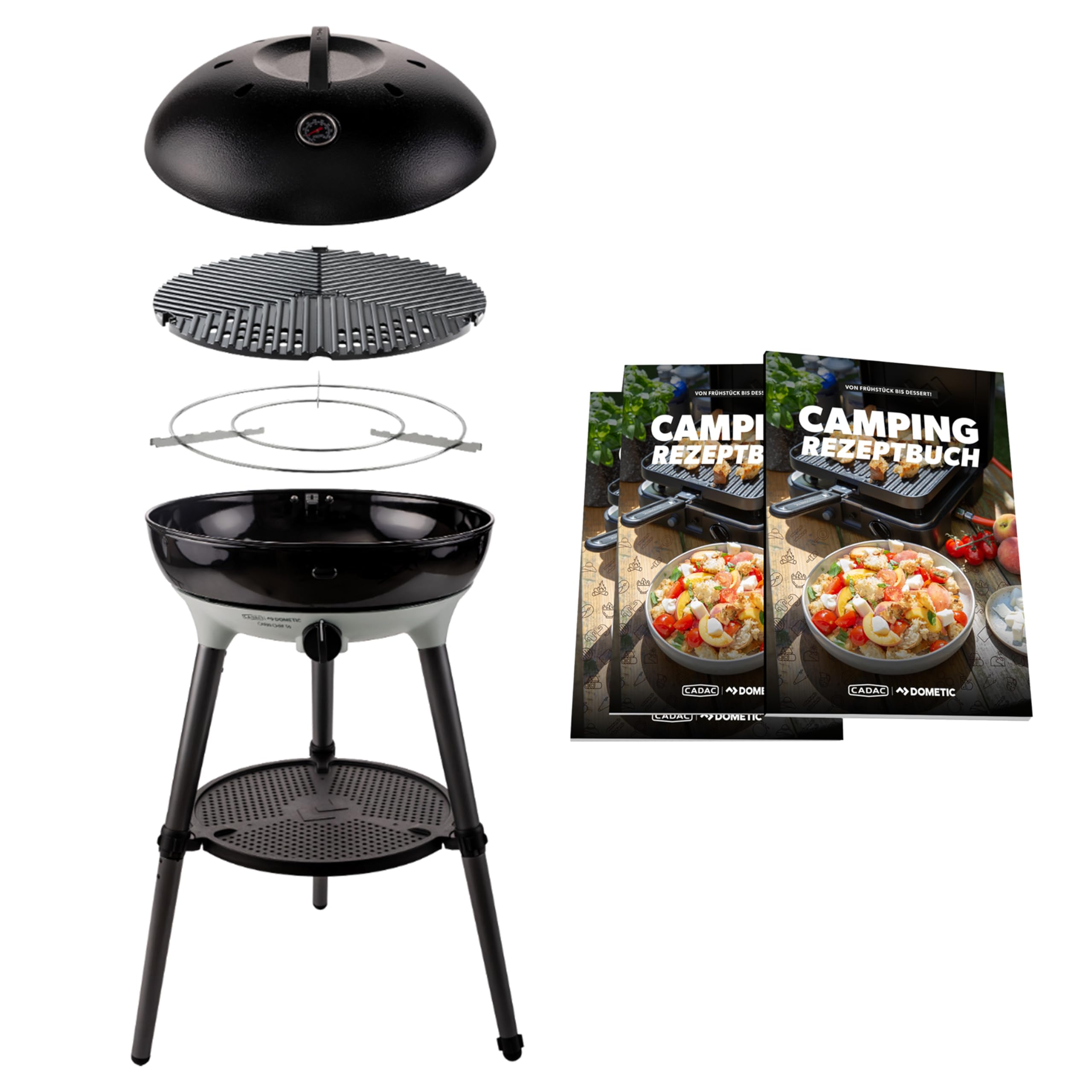 CADAC - Carri Chef 50 BBQ 50mBar + Camping-Kochbuch | Tragbarer Grill mit automatischer Zündung und Rezeptbuch, inkl. Tragetasche, Camping und Grillzubehör, Verwendung im Freien