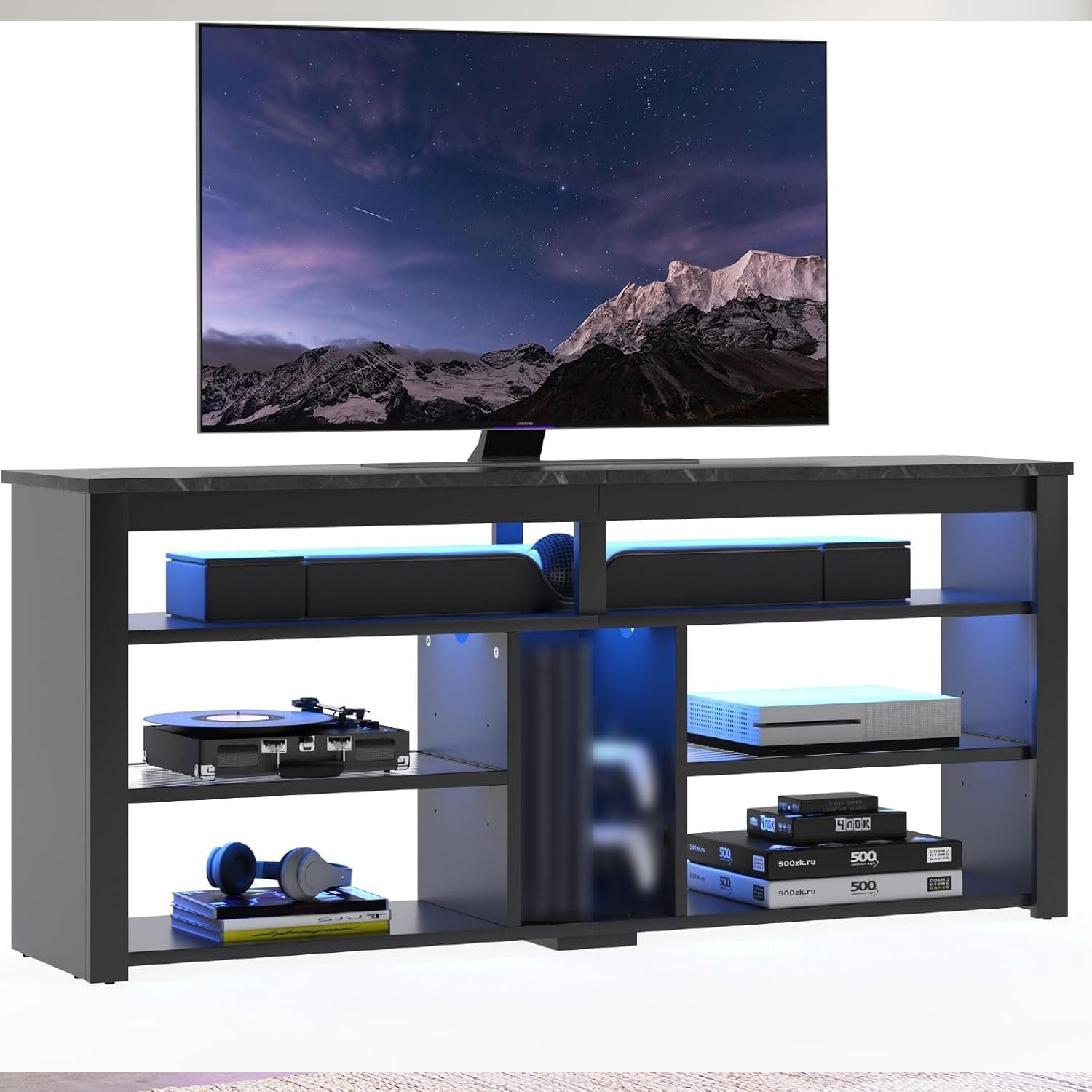 Bestier Mobile TV alto per TV da 65", mobile porta TV con contenitore PS5, console TV LED con ripiano regolabile per soggiorno, marmo nero