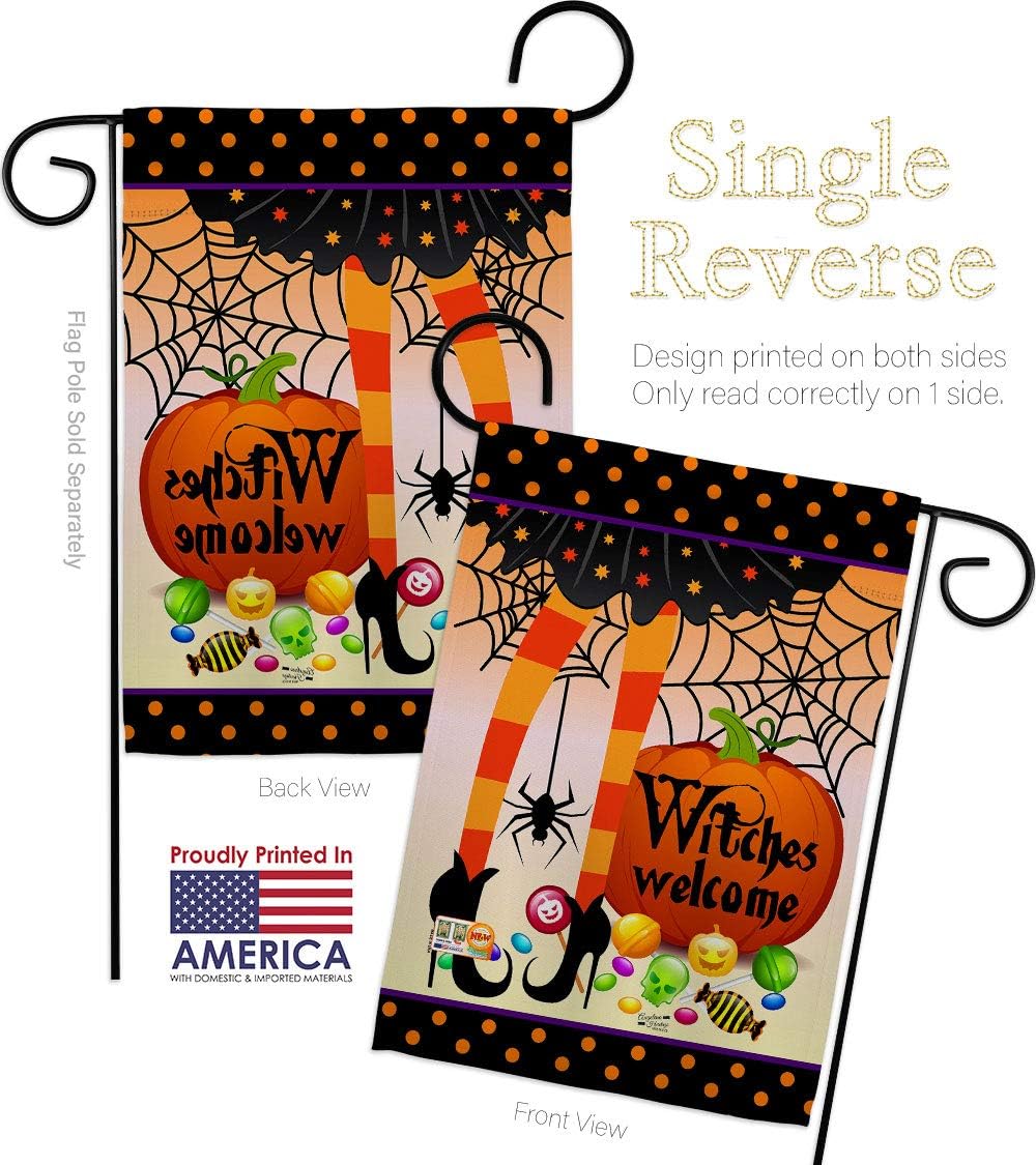 Witches Welcome Garden Flag Set Wall Holder Falltime Halloween Witch Trick or Treat Spooky Night Black Cat Season Autumntime Pumpkin Small Gift Yard House Banner Made In USA 13 X 18.5