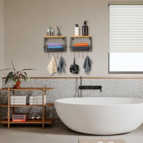 Miniatura 6 de 2 cestas apilables de alambre para colgar en la encimera de la cocina con tapas de madera, 2 tableros de polipropileno, 8 ganchos para colgar